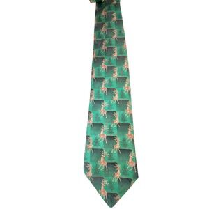 90s VTG Tie Tales Green Reindeer Trees 100% Imported Silk Holiday Necktie 60 in‎